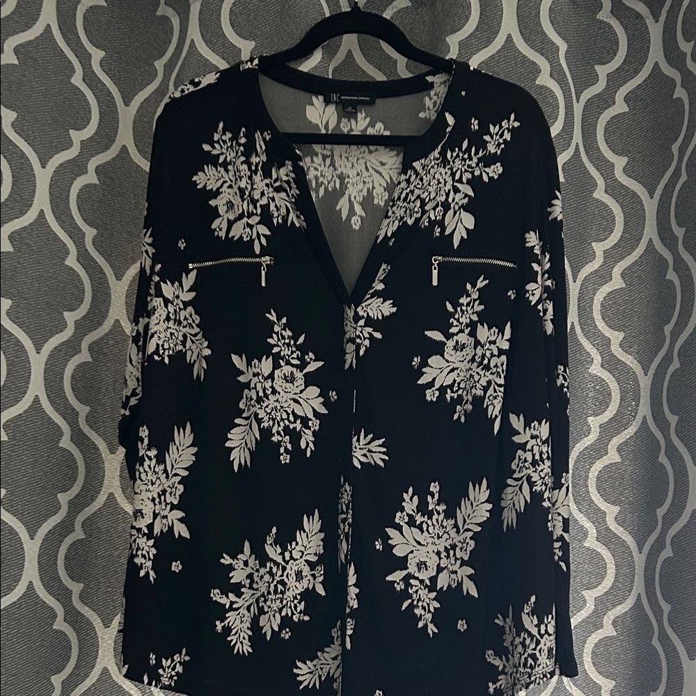 INC International Concepts Black and White Floral Blouse